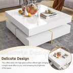 Homy Casa Modern High Gloss Square Coffee Table with Layered Design and Gold Accents for Living Room or Lounge