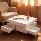 Homy Casa Modern High Gloss Square Coffee Table with Layered Design and Gold Accents for Living Room or Lounge
