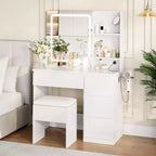 Vanity Desk with Mirror and Lights - Modern Makeup Dressing Table with Outlets, Storage Stool,4 Drawers & Hair Dryer Holder-3 Colors LED Vanity Mirror