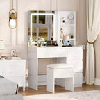 Vanity Desk with Mirror and Lights - Modern Makeup Dressing Table with Outlets, Storage Stool,4 Drawers & Hair Dryer Holder-3 Colors LED Vanity Mirror