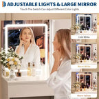 Vanity Desk with Mirror and Lights - Modern Makeup Dressing Table with Outlets, Storage Stool,4 Drawers & Hair Dryer Holder-3 Colors LED Vanity Mirror