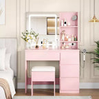 Vanity Desk with Mirror and Lights - Modern Makeup Dressing Table with Outlets, Storage Stool,4 Drawers & Hair Dryer Holder-3 Colors LED Vanity Mirror