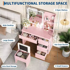 Vanity Desk with Mirror and Lights - Modern Makeup Dressing Table with Outlets, Storage Stool,4 Drawers & Hair Dryer Holder-3 Colors LED Vanity Mirror