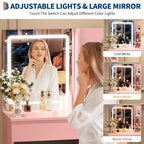 Vanity Desk with Mirror and Lights - Modern Makeup Dressing Table with Outlets, Storage Stool,4 Drawers & Hair Dryer Holder-3 Colors LED Vanity Mirror