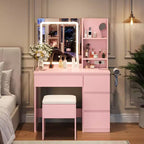 Vanity Desk with Mirror and Lights - Modern Makeup Dressing Table with Outlets, Storage Stool,4 Drawers & Hair Dryer Holder-3 Colors LED Vanity Mirror