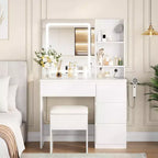 Vanity Desk with Mirror and Lights - Modern Makeup Dressing Table with Outlets, Storage Stool,4 Drawers & Hair Dryer Holder-3 Colors LED Vanity Mirror