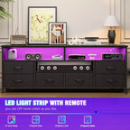 Qwatto 63 Inch Black TV Stand Dresser with Charging Station LED Lights 6 Drawers Entertainment Center for TVs up to 70 Inch Media Console Living Room