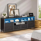 Qwatto 63 Inch Black TV Stand Dresser with Charging Station LED Lights 6 Drawers Entertainment Center for TVs up to 70 Inch Media Console Living Room