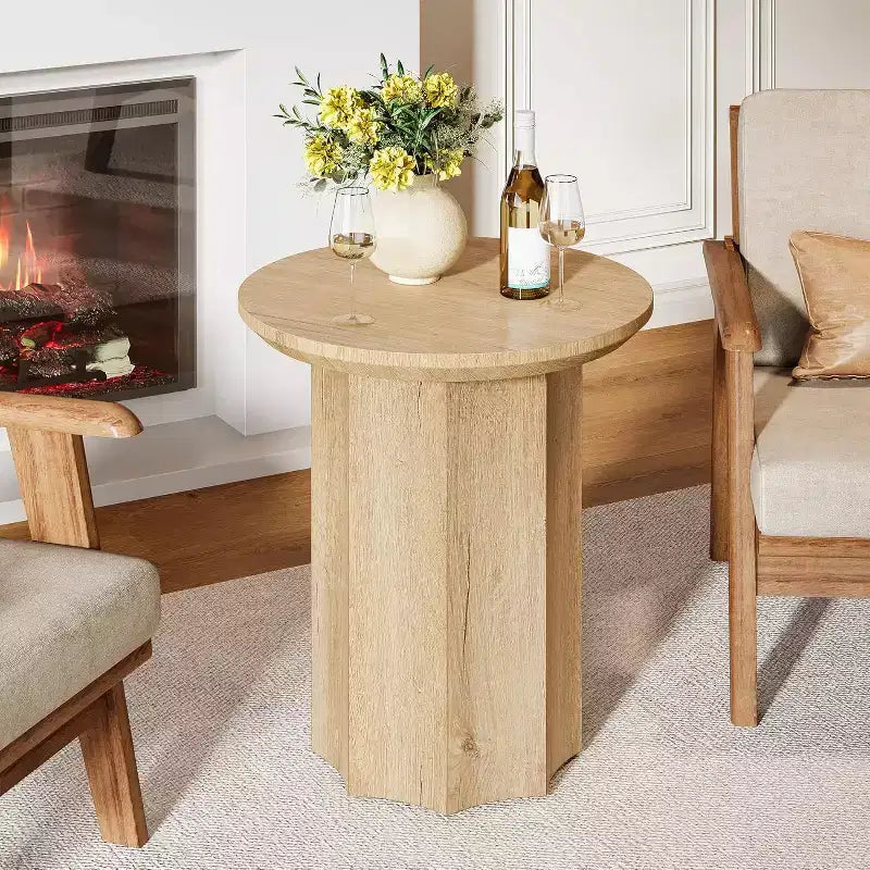 Lantine Round End Table Set of 2, Wooden Pedestal Side Table with Octagonal Base, Modern Nightstand for Living Room, Bedroom, Easy Assembly (2)