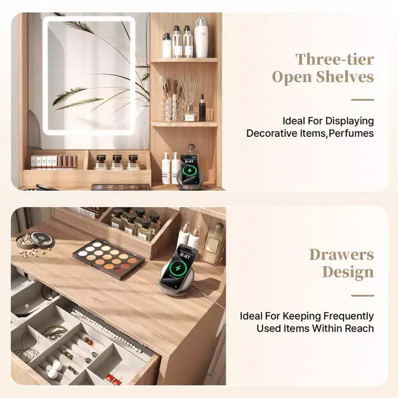24 Modern Wood Vanity Desk with Lighted Mirror and Charging Station Small Makeup Dressing Table with 2 Drawers and 3 Storage Shelves for Bedroom