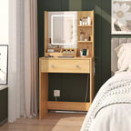 24 Modern Wood Vanity Desk with Lighted Mirror and Charging Station Small Makeup Dressing Table with 2 Drawers and 3 Storage Shelves for Bedroom