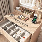 24 Modern Wood Vanity Desk with Lighted Mirror and Charging Station Small Makeup Dressing Table with 2 Drawers and 3 Storage Shelves for Bedroom