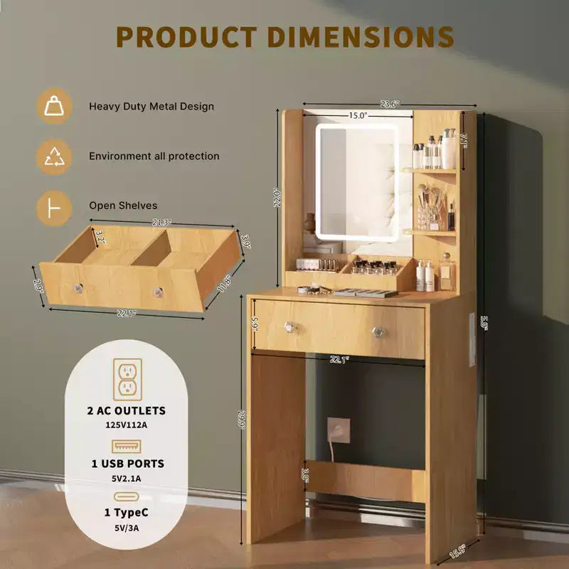 24 Modern Wood Vanity Desk with Lighted Mirror and Charging Station Small Makeup Dressing Table with 2 Drawers and 3 Storage Shelves for Bedroom