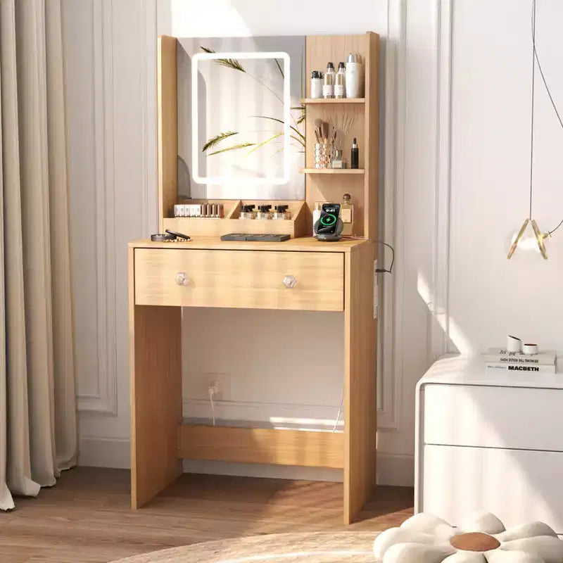24 Modern Wood Vanity Desk with Lighted Mirror and Charging Station Small Makeup Dressing Table with 2 Drawers and 3 Storage Shelves for Bedroom