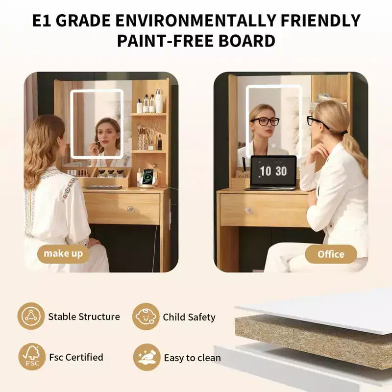 24 Modern Wood Vanity Desk with Lighted Mirror and Charging Station Small Makeup Dressing Table with 2 Drawers and 3 Storage Shelves for Bedroom