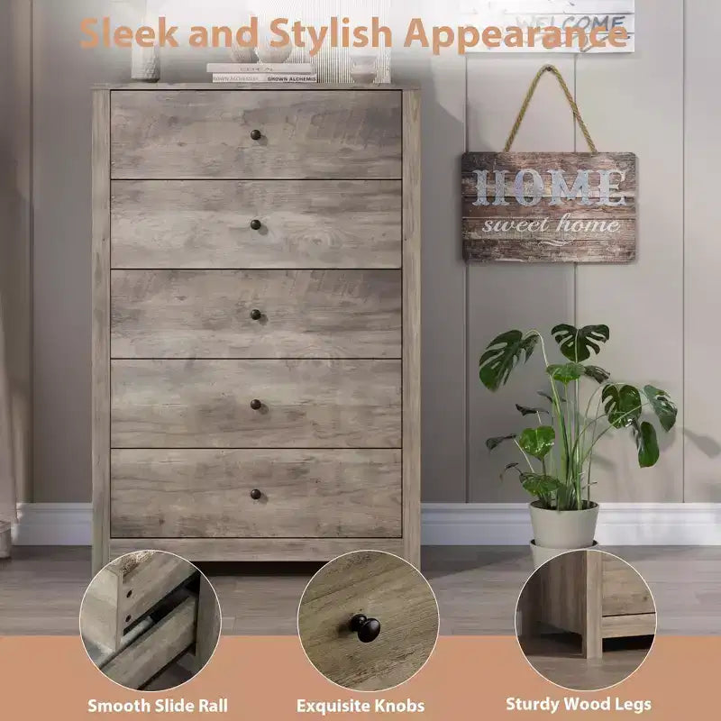 45H 5-Drawer Wood Dresser, Modern Chest of Drawers with Deep Storage, Tall Wooden Organizer for Bedroom, Living Room & Entryway