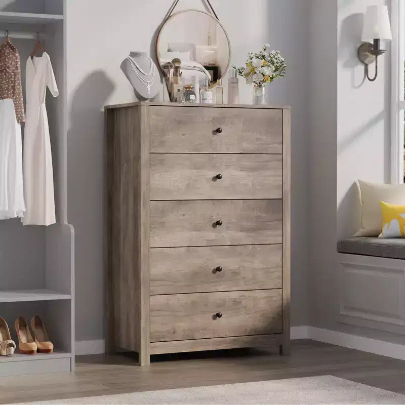45H 5-Drawer Wood Dresser, Modern Chest of Drawers with Deep Storage, Tall Wooden Organizer for Bedroom, Living Room & Entryway