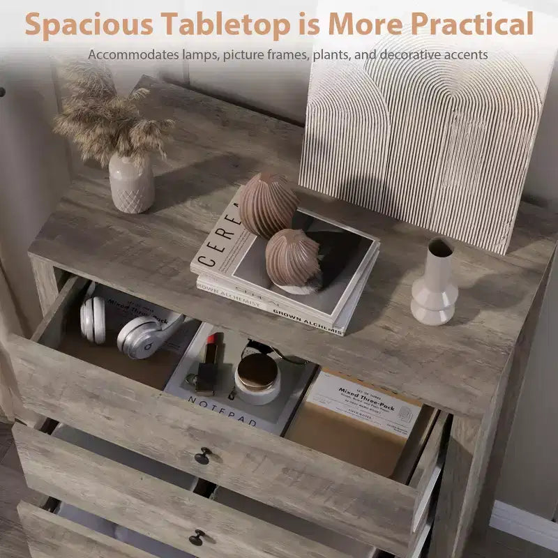 45H 5-Drawer Wood Dresser, Modern Chest of Drawers with Deep Storage, Tall Wooden Organizer for Bedroom, Living Room & Entryway