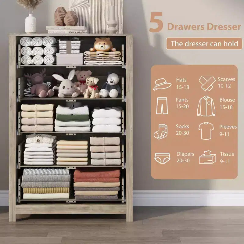45H 5-Drawer Wood Dresser, Modern Chest of Drawers with Deep Storage, Tall Wooden Organizer for Bedroom, Living Room & Entryway