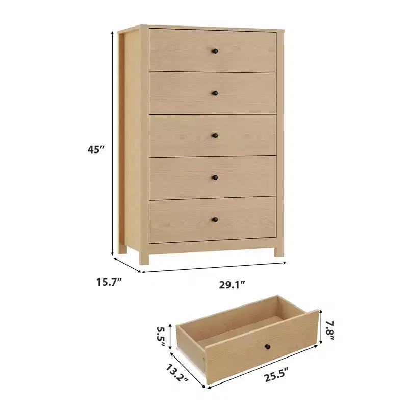 45H 5-Drawer Wood Dresser, Modern Chest of Drawers with Deep Storage, Tall Wooden Organizer for Bedroom, Living Room & Entryway
