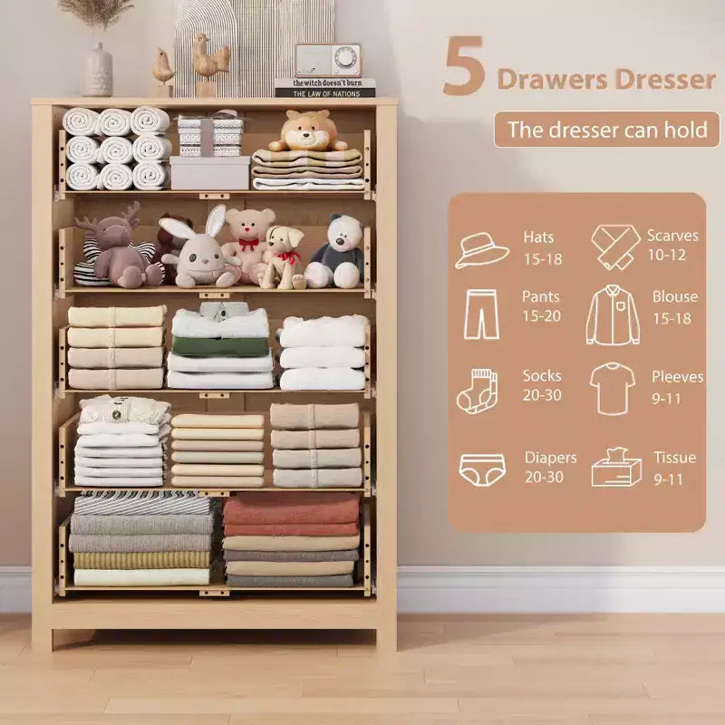 45H 5-Drawer Wood Dresser, Modern Chest of Drawers with Deep Storage, Tall Wooden Organizer for Bedroom, Living Room & Entryway