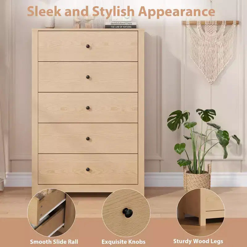 45H 5-Drawer Wood Dresser, Modern Chest of Drawers with Deep Storage, Tall Wooden Organizer for Bedroom, Living Room & Entryway