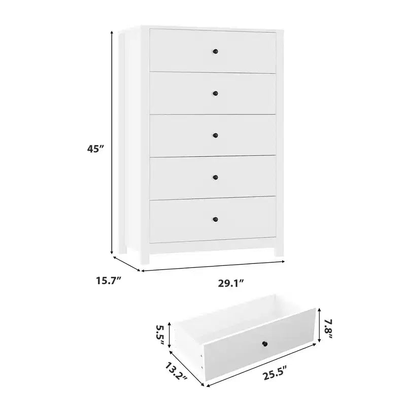 45H 5-Drawer Wood Dresser, Modern Chest of Drawers with Deep Storage, Tall Wooden Organizer for Bedroom, Living Room & Entryway