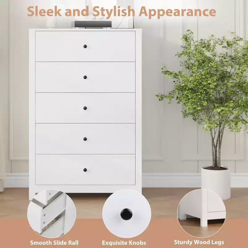 45H 5-Drawer Wood Dresser, Modern Chest of Drawers with Deep Storage, Tall Wooden Organizer for Bedroom, Living Room & Entryway