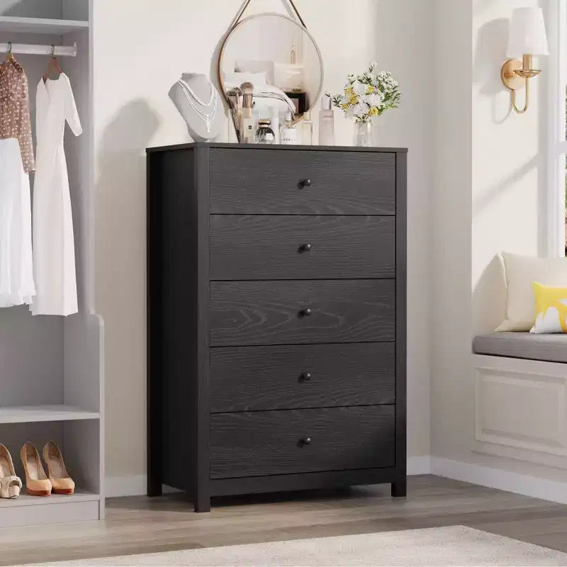 45H 5-Drawer Wood Dresser, Modern Chest of Drawers with Deep Storage, Tall Wooden Organizer for Bedroom, Living Room & Entryway