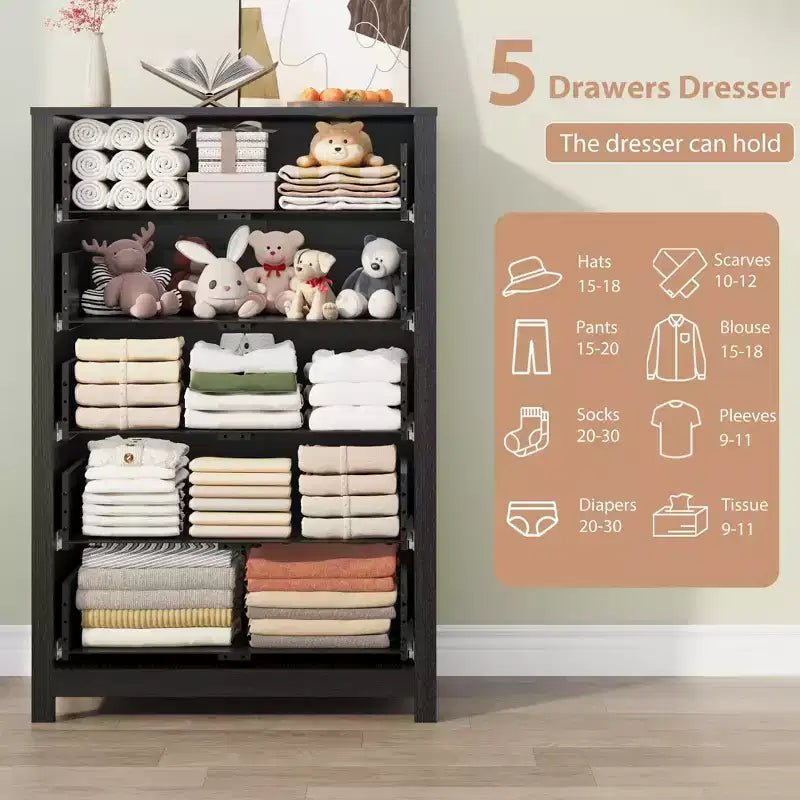45H 5-Drawer Wood Dresser, Modern Chest of Drawers with Deep Storage, Tall Wooden Organizer for Bedroom, Living Room & Entryway