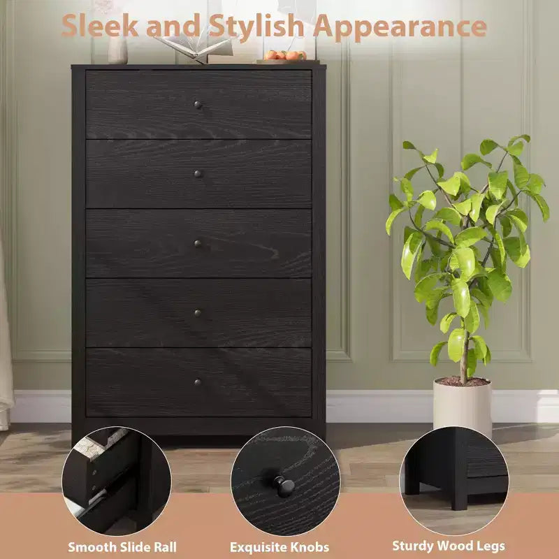 45H 5-Drawer Wood Dresser, Modern Chest of Drawers with Deep Storage, Tall Wooden Organizer for Bedroom, Living Room & Entryway