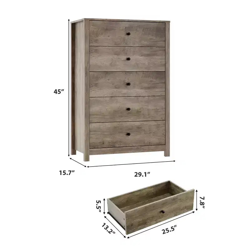 45H 5-Drawer Wood Dresser, Modern Chest of Drawers with Deep Storage, Tall Wooden Organizer for Bedroom, Living Room & Entryway