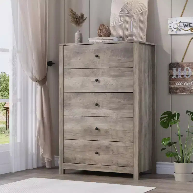 45H 5-Drawer Wood Dresser, Modern Chest of Drawers with Deep Storage, Tall Wooden Organizer for Bedroom, Living Room & Entryway