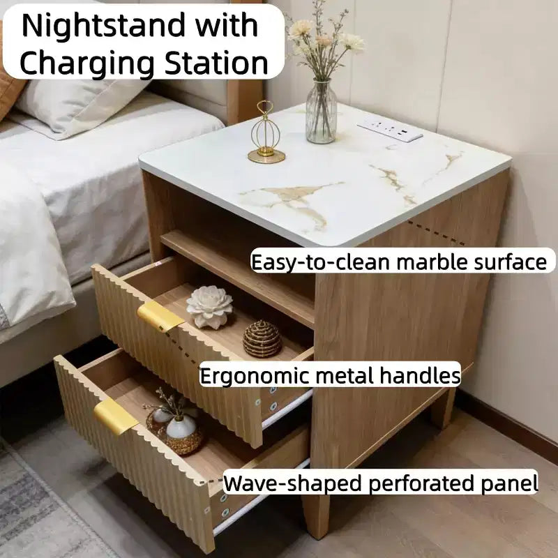 Compact 18 Modern Nightstand with Faux Marble Top, Curved Edge Side Table with 2 Drawers and Open Storage for Bedroom or Living Room