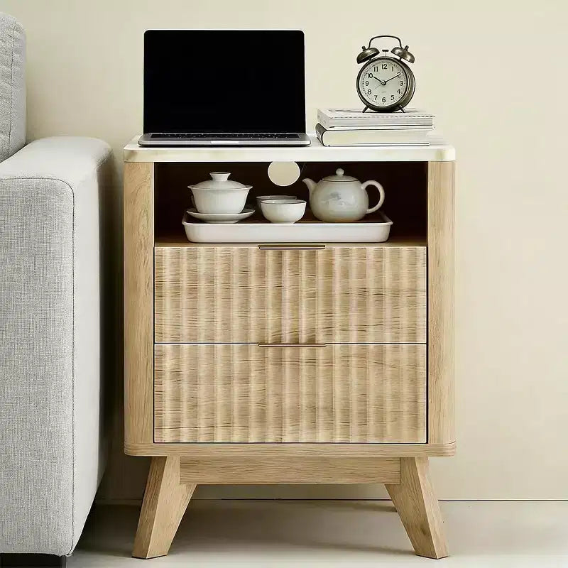 Compact 18 Modern Nightstand with Faux Marble Top, Curved Edge Side Table with 2 Drawers and Open Storage for Bedroom or Living Room