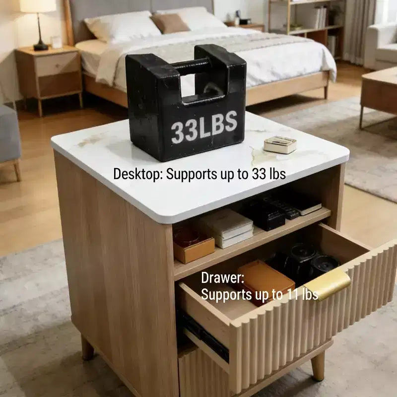 Compact 18 Modern Nightstand with Faux Marble Top, Curved Edge Side Table with 2 Drawers and Open Storage for Bedroom or Living Room