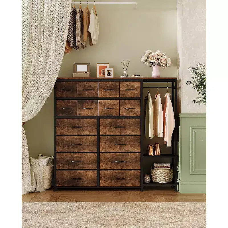16-Drawer Clothes Rack with 2 Shelves, Tall Freestanding Closet Organizer, Heavy Duty Wardrobe Garment Rack for Bedroom Storage & Organization