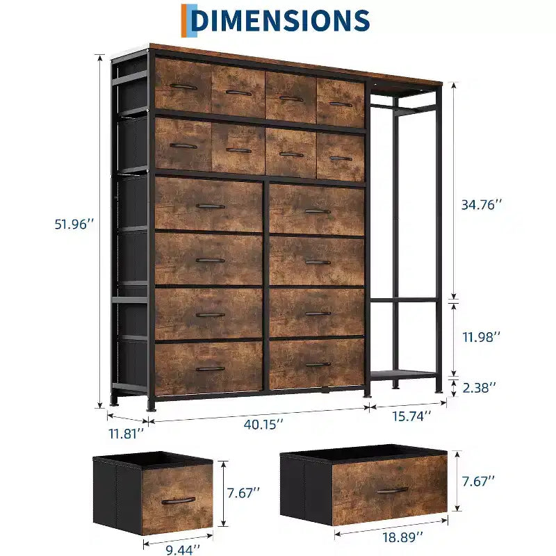 16-Drawer Clothes Rack with 2 Shelves, Tall Freestanding Closet Organizer, Heavy Duty Wardrobe Garment Rack for Bedroom Storage & Organization