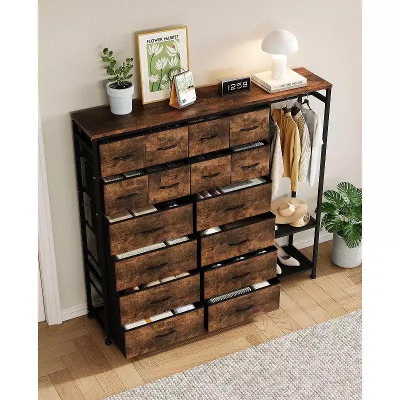 16-Drawer Clothes Rack with 2 Shelves, Tall Freestanding Closet Organizer, Heavy Duty Wardrobe Garment Rack for Bedroom Storage & Organization