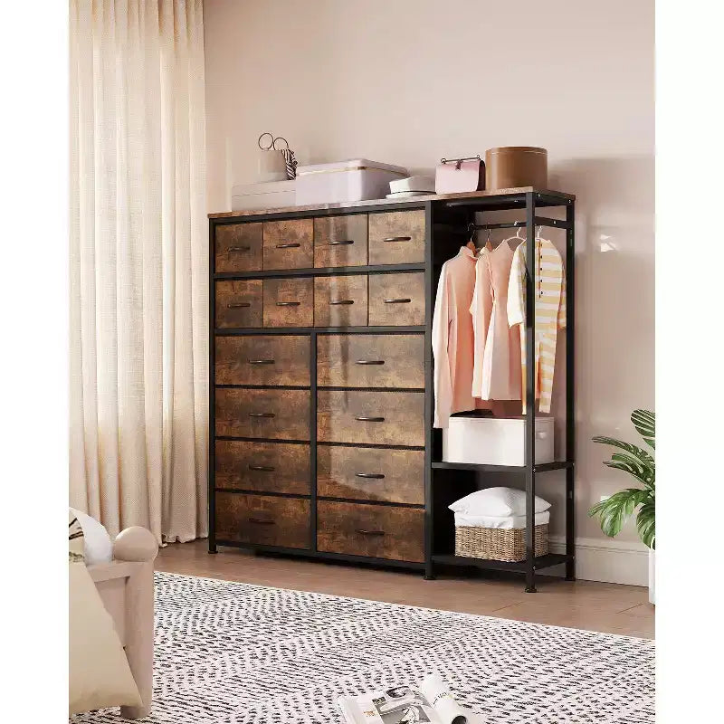 16-Drawer Clothes Rack with 2 Shelves, Tall Freestanding Closet Organizer, Heavy Duty Wardrobe Garment Rack for Bedroom Storage & Organization