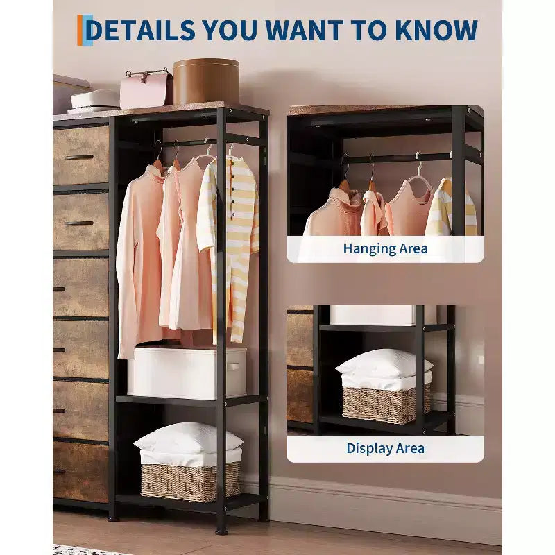 16-Drawer Clothes Rack with 2 Shelves, Tall Freestanding Closet Organizer, Heavy Duty Wardrobe Garment Rack for Bedroom Storage & Organization