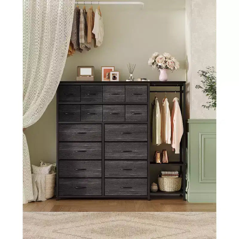 16-Drawer Clothes Rack with 2 Shelves, Tall Freestanding Closet Organizer, Heavy Duty Wardrobe Garment Rack for Bedroom Storage & Organization