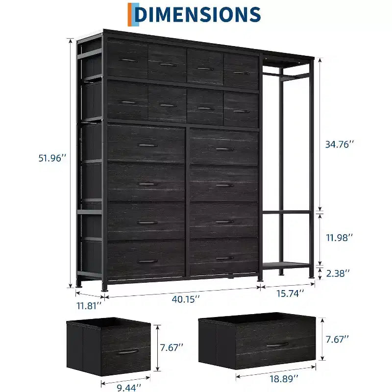 16-Drawer Clothes Rack with 2 Shelves, Tall Freestanding Closet Organizer, Heavy Duty Wardrobe Garment Rack for Bedroom Storage & Organization