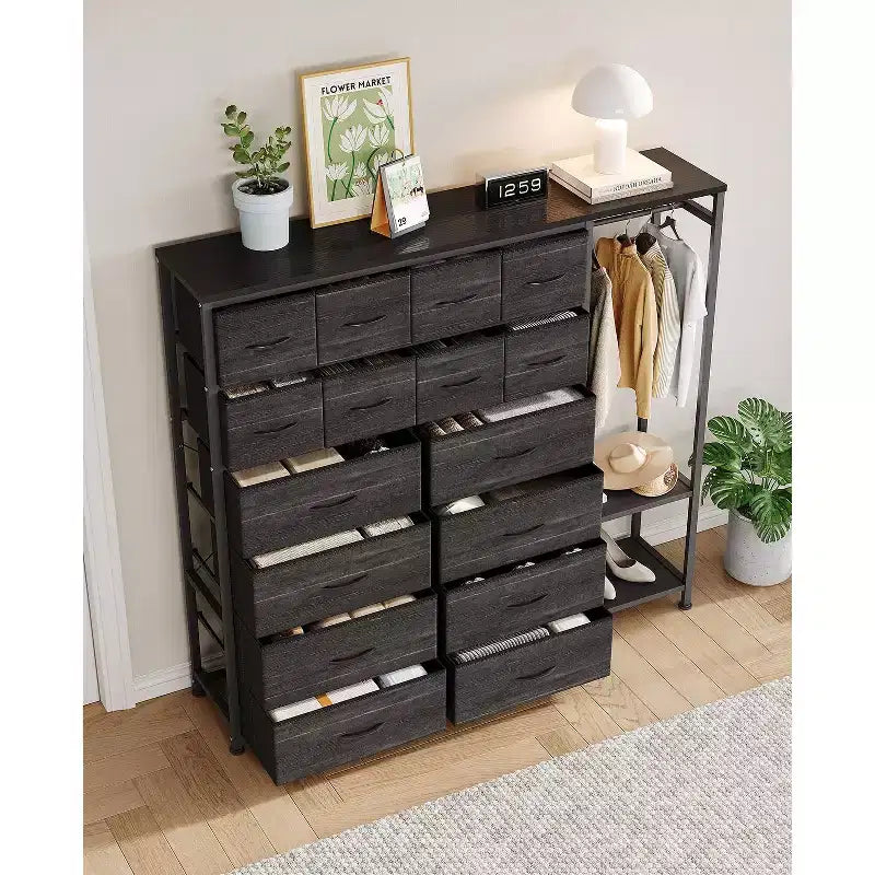 16-Drawer Clothes Rack with 2 Shelves, Tall Freestanding Closet Organizer, Heavy Duty Wardrobe Garment Rack for Bedroom Storage & Organization