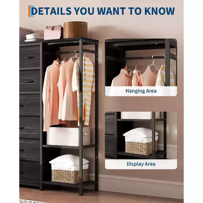 16-Drawer Clothes Rack with 2 Shelves, Tall Freestanding Closet Organizer, Heavy Duty Wardrobe Garment Rack for Bedroom Storage & Organization