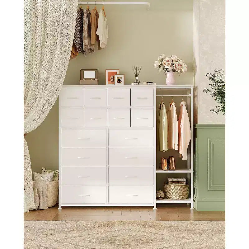 16-Drawer Clothes Rack with 2 Shelves, Tall Freestanding Closet Organizer, Heavy Duty Wardrobe Garment Rack for Bedroom Storage & Organization