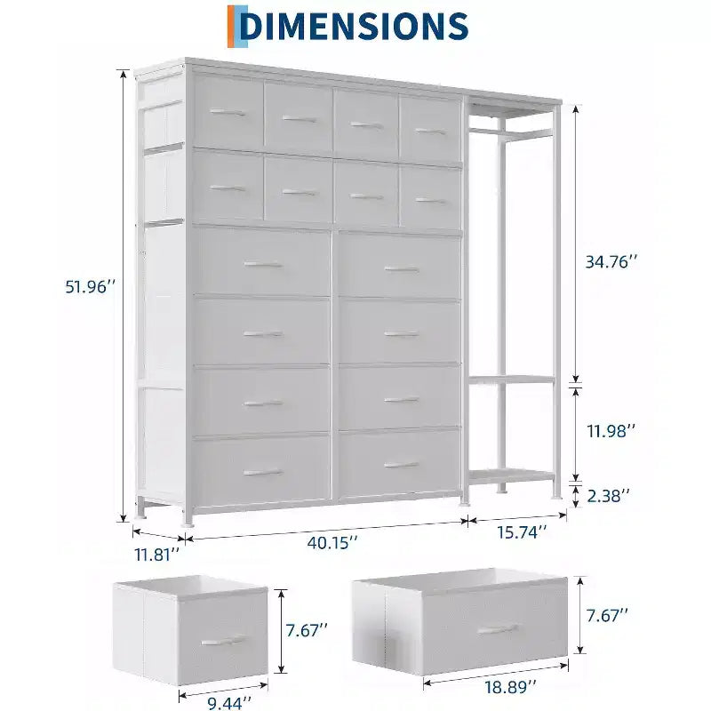 16-Drawer Clothes Rack with 2 Shelves, Tall Freestanding Closet Organizer, Heavy Duty Wardrobe Garment Rack for Bedroom Storage & Organization