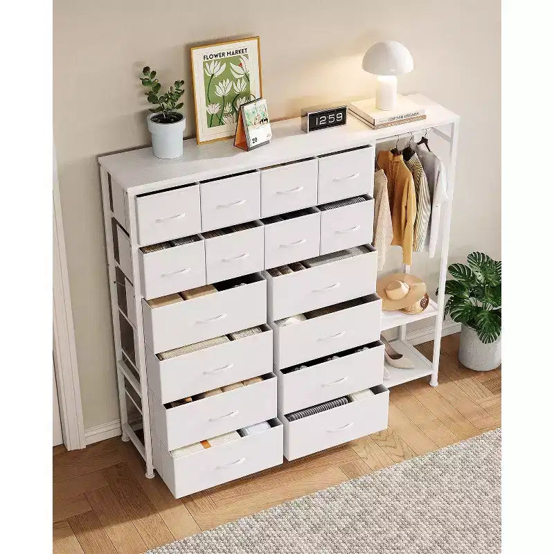 16-Drawer Clothes Rack with 2 Shelves, Tall Freestanding Closet Organizer, Heavy Duty Wardrobe Garment Rack for Bedroom Storage & Organization