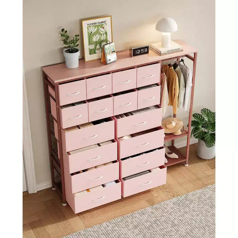 16-Drawer Clothes Rack with 2 Shelves, Tall Freestanding Closet Organizer, Heavy Duty Wardrobe Garment Rack for Bedroom Storage & Organization