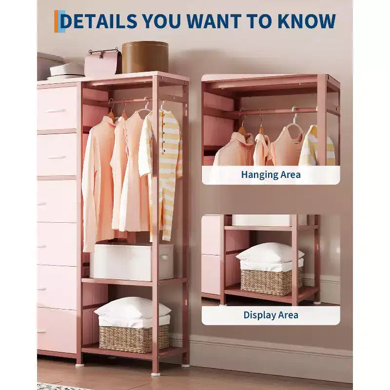 16-Drawer Clothes Rack with 2 Shelves, Tall Freestanding Closet Organizer, Heavy Duty Wardrobe Garment Rack for Bedroom Storage & Organization